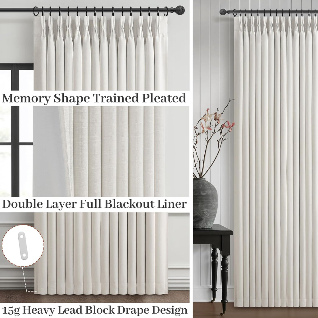Skiennix 100% Blackout Linen Curtains - 96-Inch Insulated Heavy Drapes for Sliding Glass Doors | Off Beige