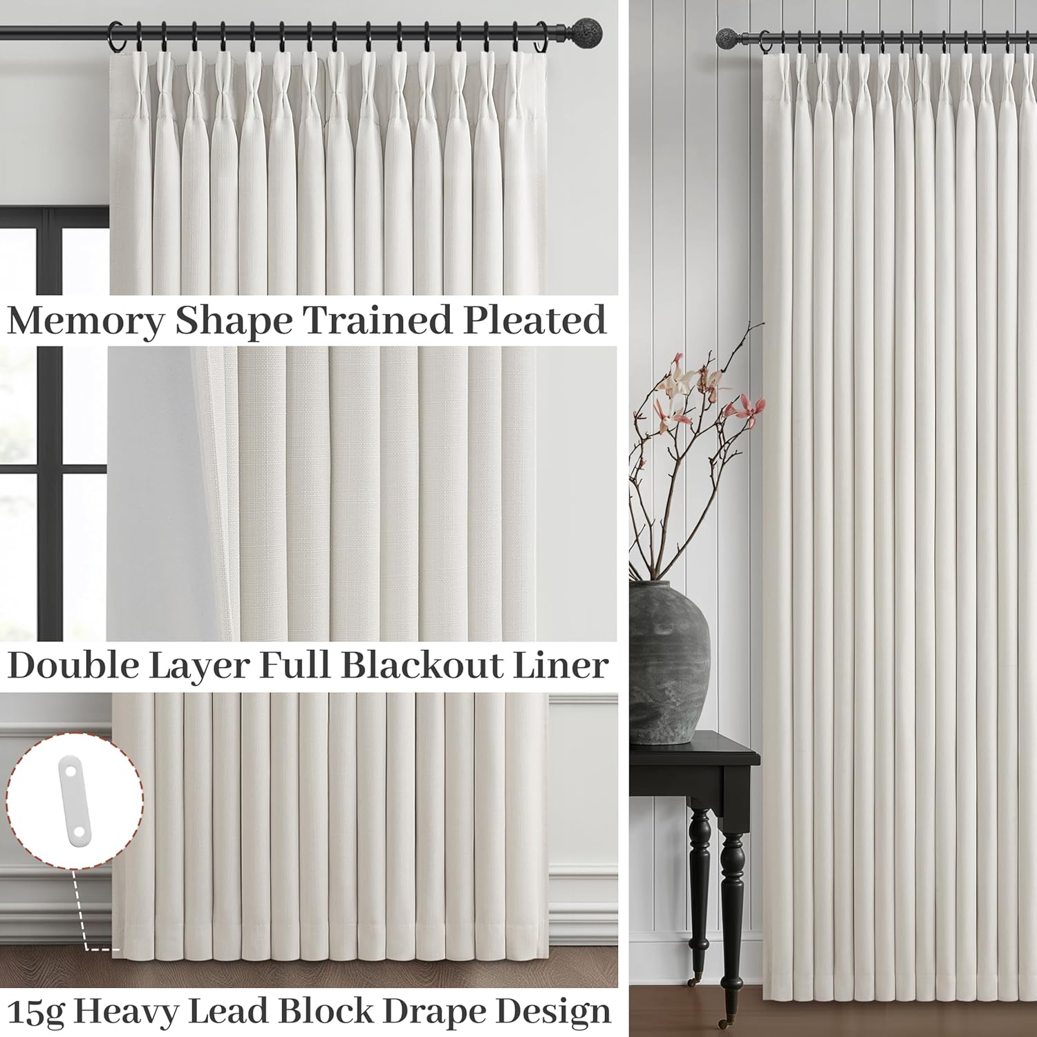 Skiennix 100% Blackout Linen Curtains - 96-Inch Insulated Heavy Drapes for Sliding Glass Doors | Off Beige