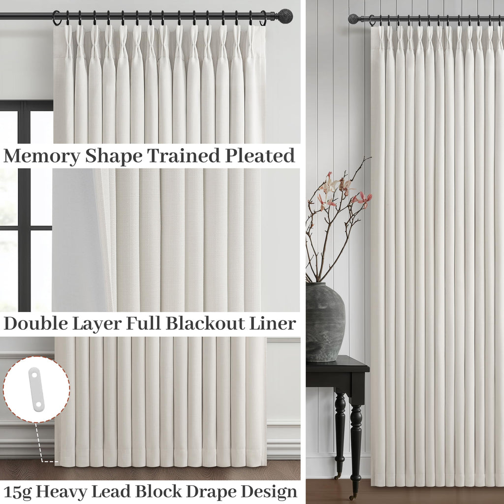 100% Blackout Linen 96 Inch Curtains 2 Panel Set for Bedroom, Modern Pinch Pleated Natural Linen Off Beige White Insulated Heavy Curtain 40 x 96 Inches Length Sliding Glass Door Room Darkening Drapes