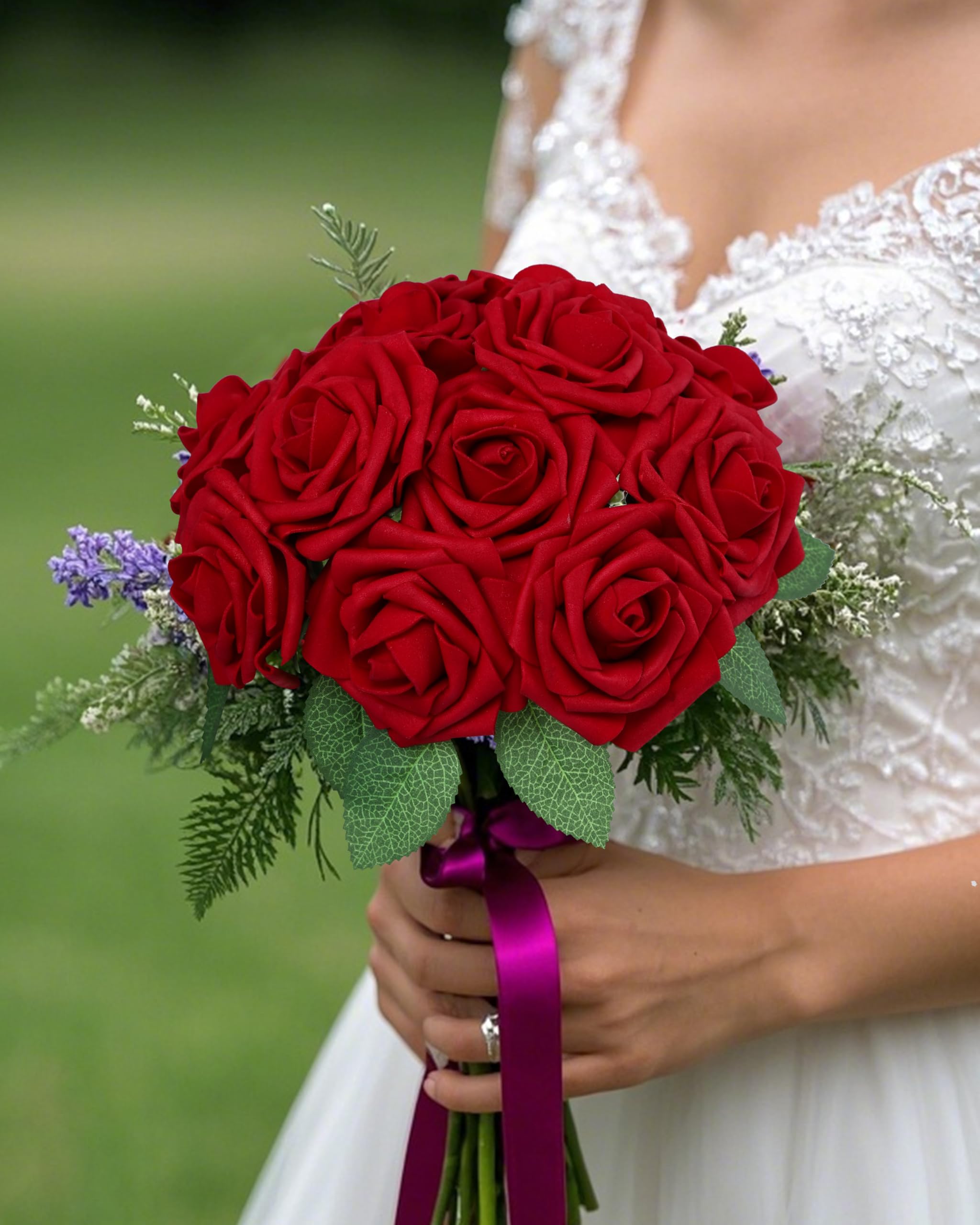 DuHouse 50Pcs Artificial Roses Flowers Fake Roses with Stems Real Touch Foam Flowers for DIY Wedding Bouquet Party Centerpiece Floral Arrangement Party Home Decor(Dark Red)