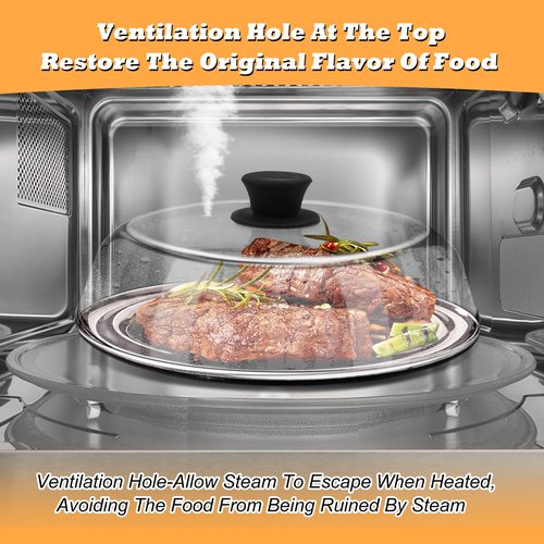 10in Glass Microwave Splatter Cover for Food with Silicone Mat, 10in Glass Microwave Plate Lid with Vent Holes & Easy-Grip Handle, Dishwasher Safe, No Plastic, Food Grade