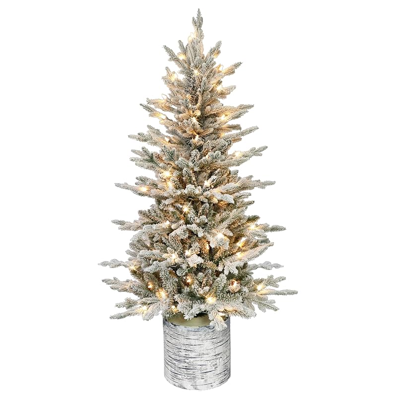 Puleo International 4.5 ft Pre-Lit Potted Flocked Arctic Fir Christmas Tree - 70 Clear Lights, 419 Tips