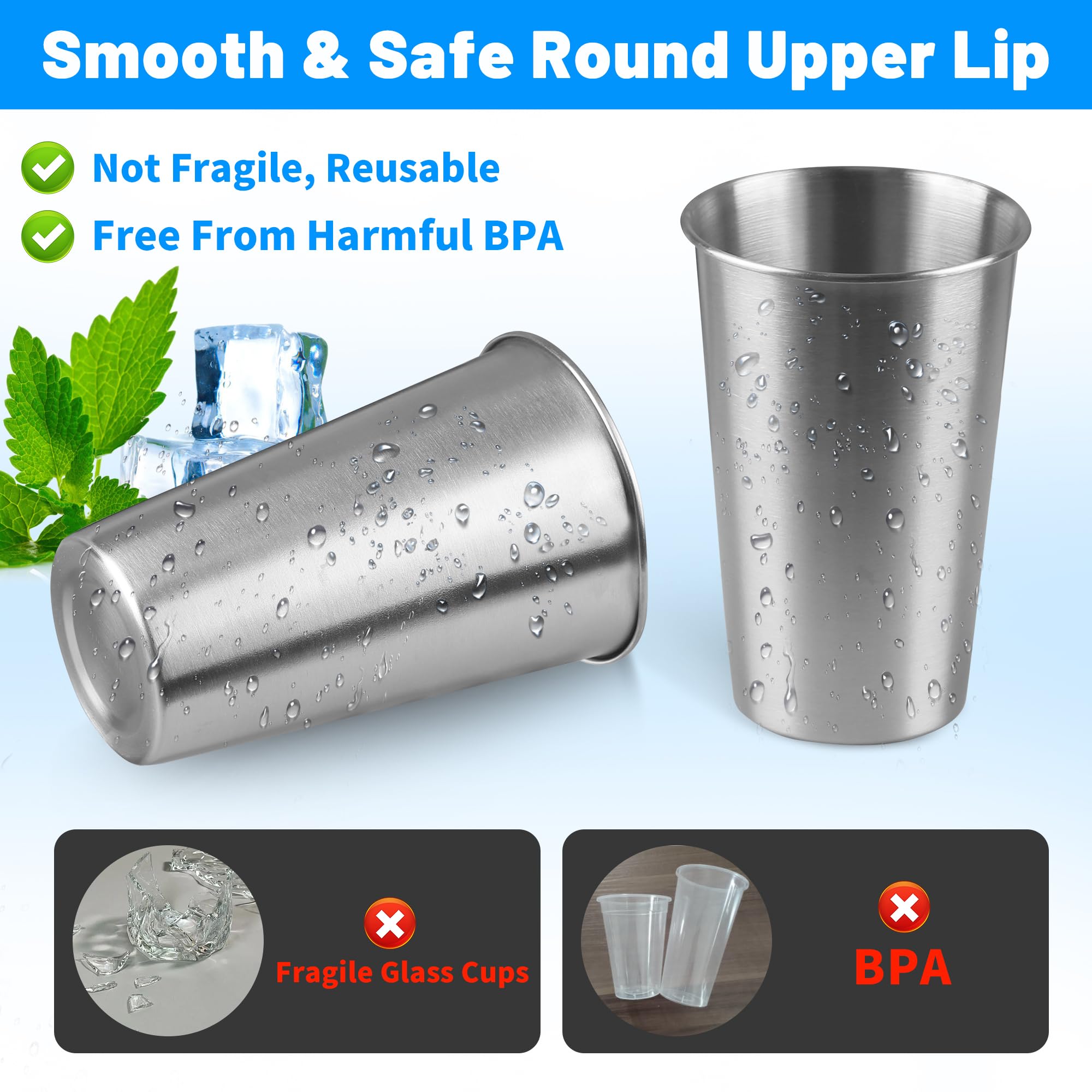 HAMILADUO 16Pack 16 oz Stainless Steel Pint Cups,Stainless Steel Cup,Pint Cup Tumbler，water Tumbler,Stackable,Reusable,BPA Free, (16)