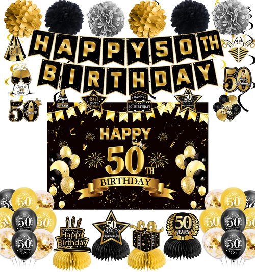 50th Birthday Decorations, Pre-Strung Happy Birthday Banner with Balloons, Backdrop, Honeycomb Centerpieces, Hanging Swirl Streamers, Black Gold Happy Birthday Party Decorations for Men Women