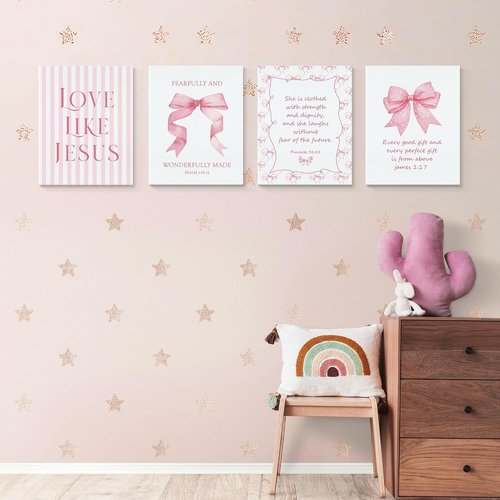LARTSFRO Coquette Pink Bow Canvas Wall Art - Inspirational Bible Verses | 11x14 Inch Set of 4 for Teen Girls