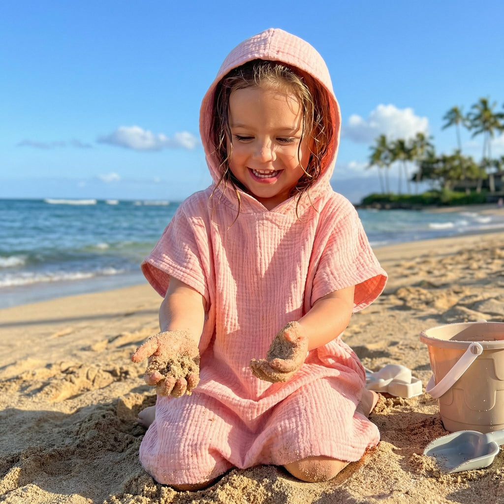 Frienda Muslin Hooded Beach Towel for 3-6 Years Kids Soft Muslin Bath Poncho for Baby Absorbent Fast Drying Blankets for Boys Girls Newborns Toddler Beach Pool Bath Essentials(Pink)