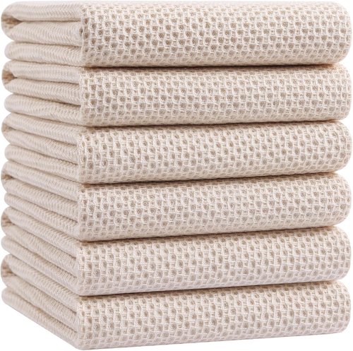 Homaxy Kitchen Dish Towels - Ultra Soft 100% Cotton Waffle Weave, Quick Drying, 20x28 Inches, 6-Pack, Beige