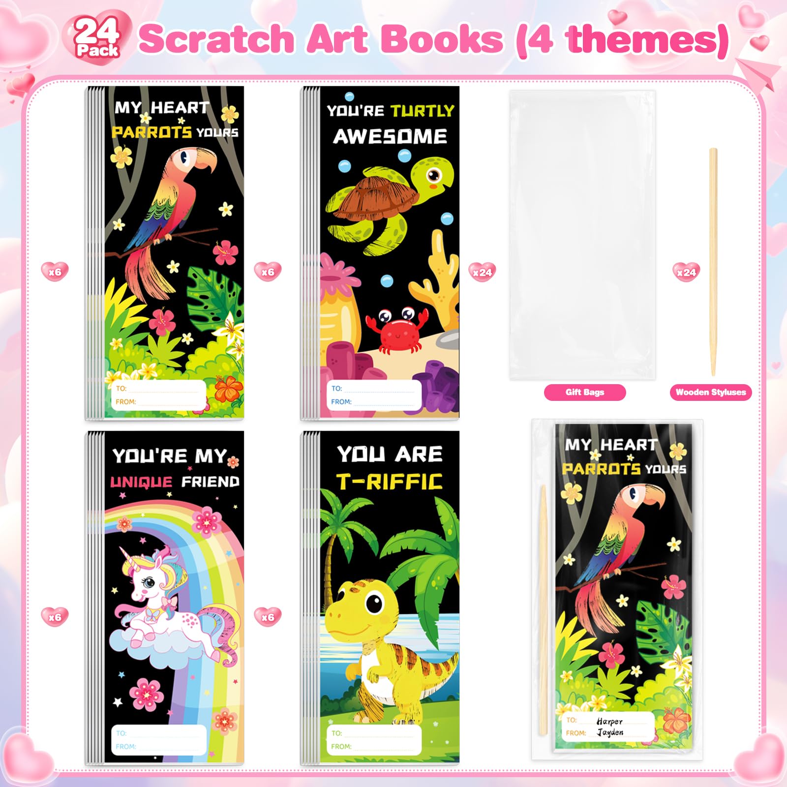 SpringFlower Valentines Day Cards Gift Classroom Exchange,24 Pack Scratch Art Books,Valentines Gift Classroom Exchange Prizes Party Favors Supply, Valentines Scratch Art Toys For Kids