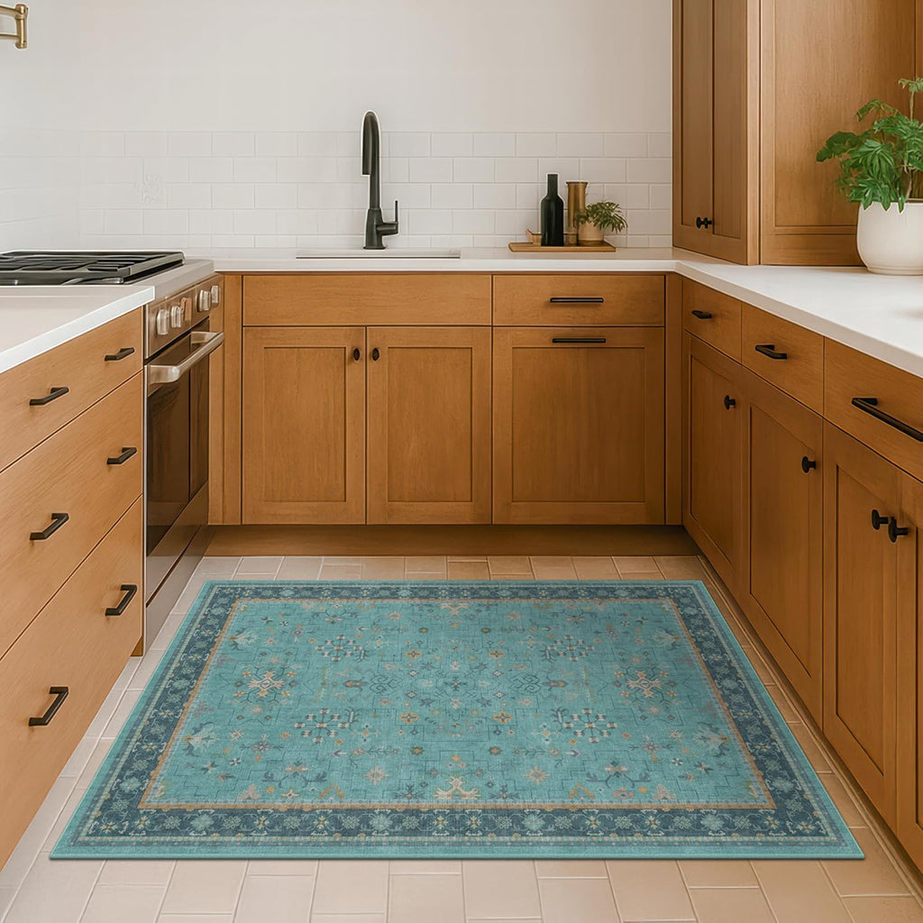 Skiennix Washable Teal Rug - 3x5 Indoor Throw Rug for Kitchen, Bedroom, Bathroom | Non-Slip, Fade Resistant, Boho Décor