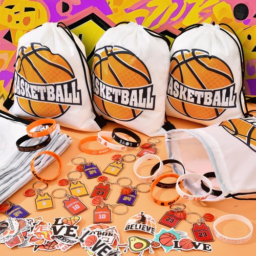 SNLN 12 Sets Basketball Party Favors Basketball Goodie Bags for Boys Includes Drawstring Bag Silicone Bracelet Keychain Tattoo Sticker for Sports Goodie Bags Basketball Birthday Party Supplies Decor