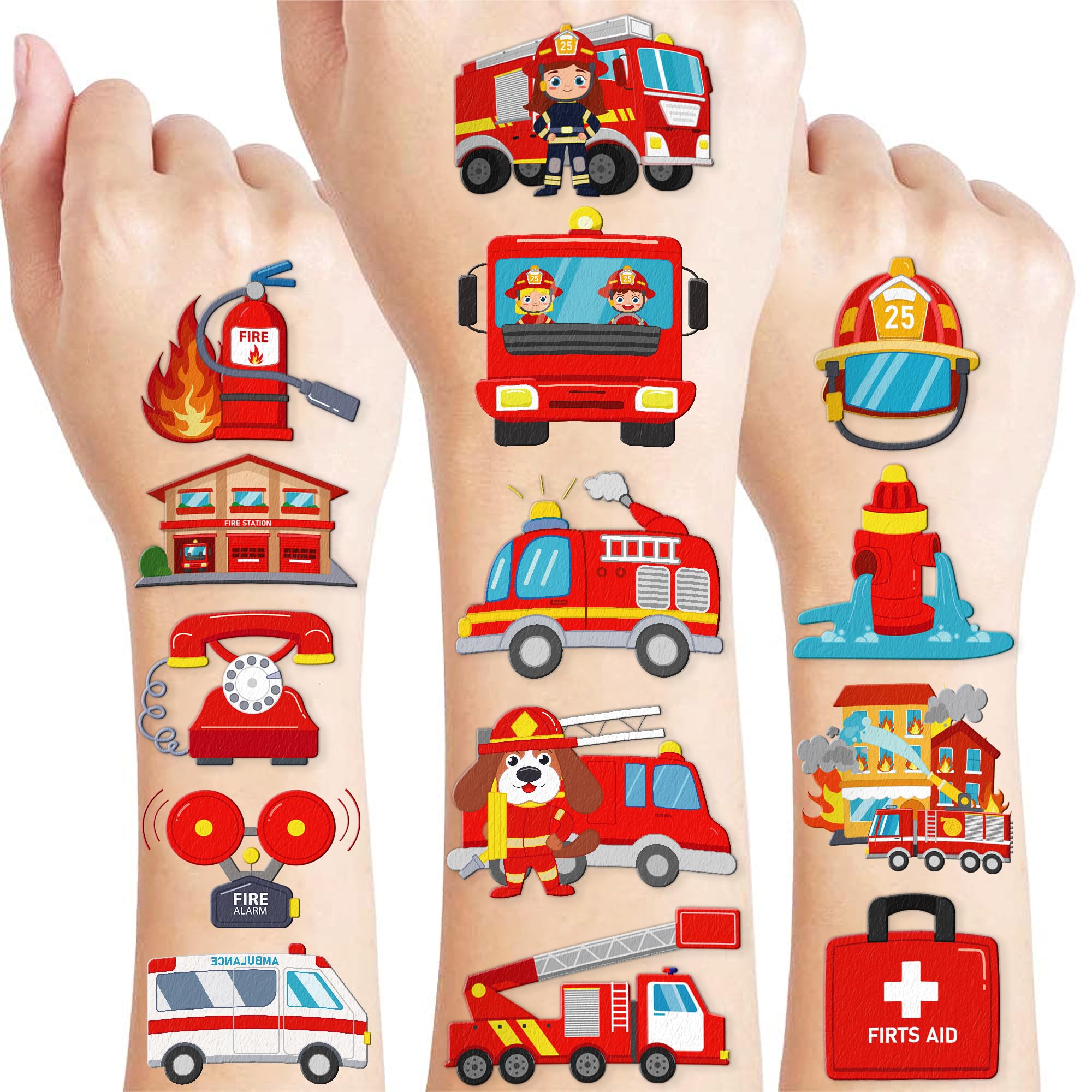 96 PCS Firefighter Firetruck Pre-Cut Temporary Tattoos for Kids | Super Cute Themed Birthday Party Favors,Goodie Bags Fillers, Supplies, Decorations, Fake Tattoo Stickers (Multiple)