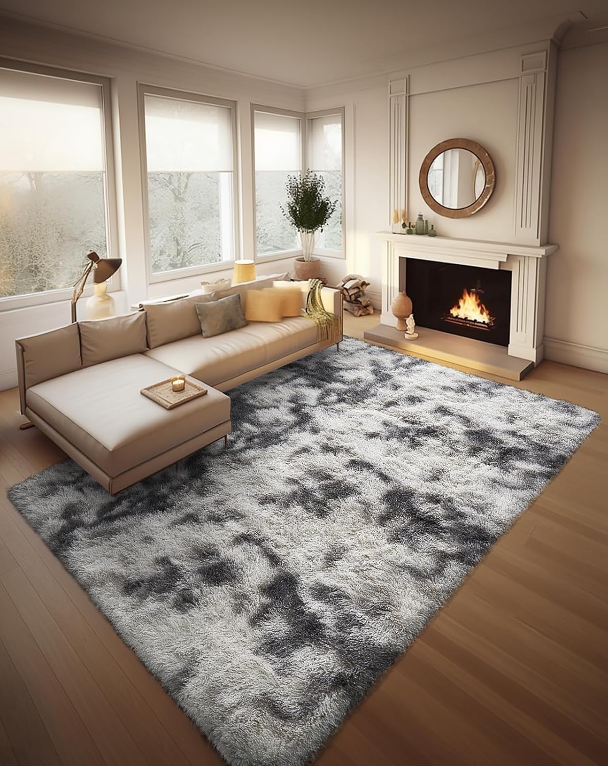 Ophanie Tie-Dyed Grey & White Area Rug - Large Soft Shag Carpet for Living Room & Nursery Decor