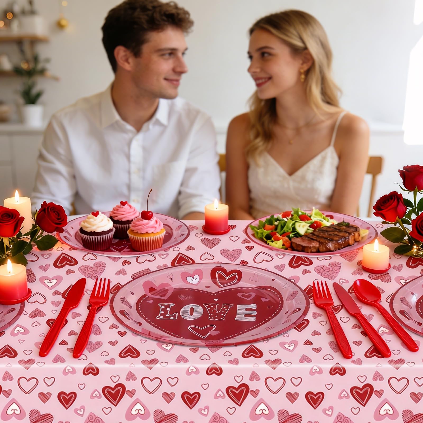 Valentine's Day Party Decorations Plates Red Heart themed Disposable Plate with Cups Banner Tablecloth,Serves 24