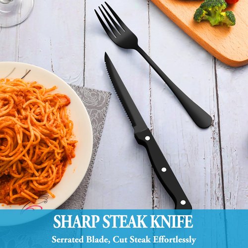 72 Pcs Black Silverware Set with Steak Knives, Stainless Steel Flatware Cutlery Set Service for 12, Kitchen Tableware Set, Utensil Set for Home and Restaurant, Knives Forks Spoon Set, Dishwasher Safe