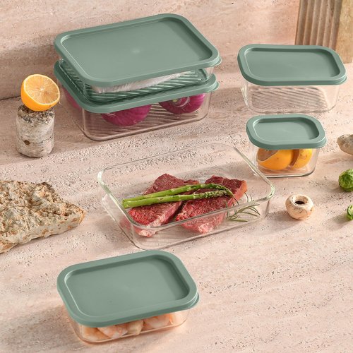 EATEX 7 Pack Glass Meal Prep Containers with Grooved Base, 7 Stackable BPA Free Glass Storage Containers with Lids for Lunch, Pantry, and Kitchen - Microwave, Dishwasher Freezer & Oven Safe - Sage