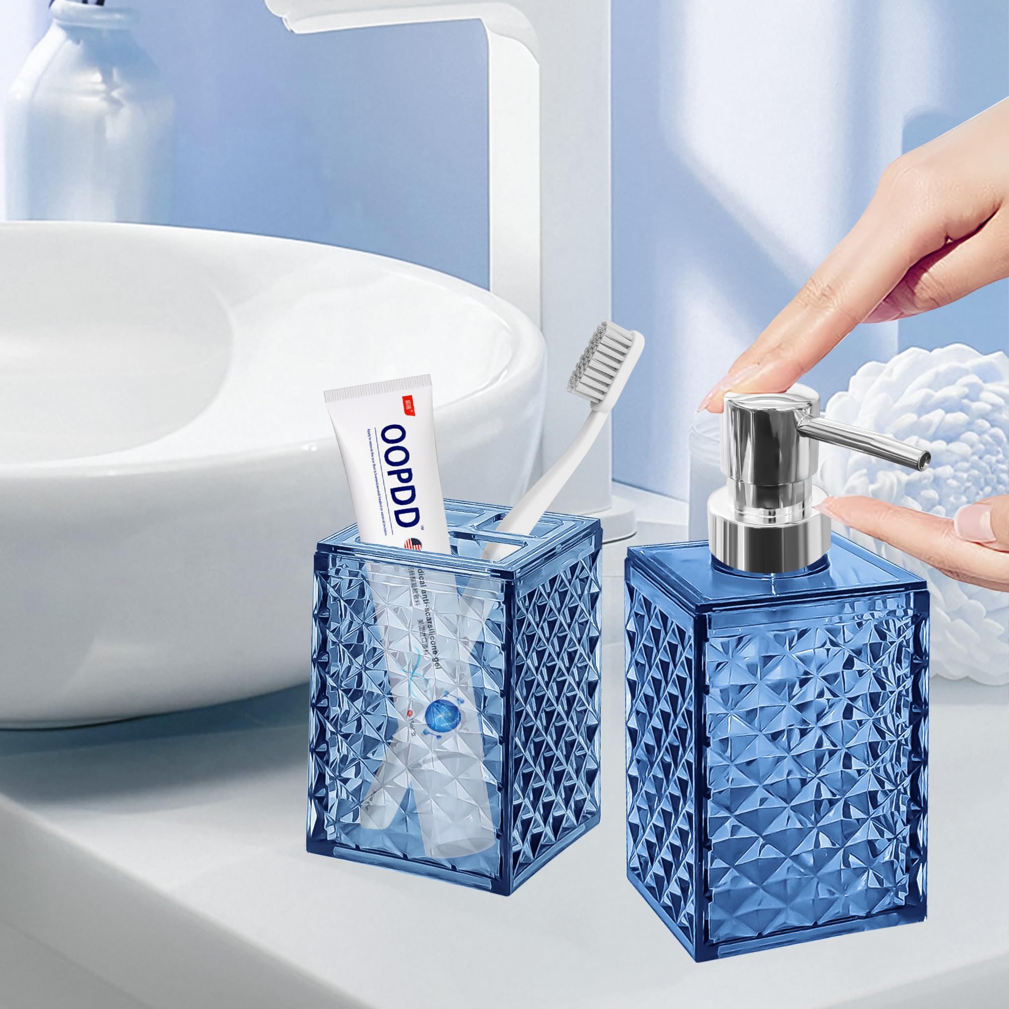 2PCS Blue Bathroom Accessories. Contain Soap Dispenser and Toothbrush Holder Set. Boho Bathroom Set for Blue Bathroom Décor