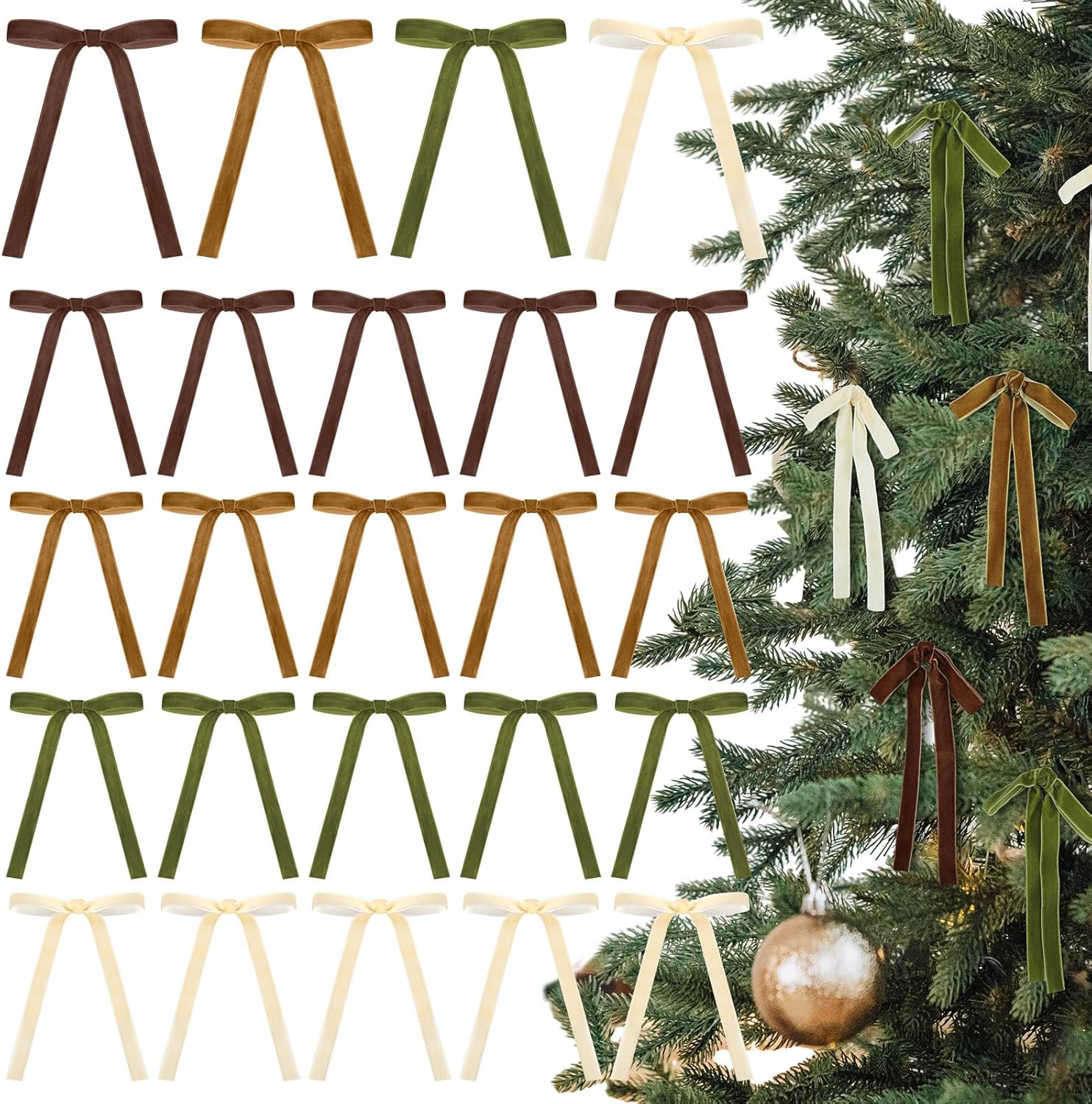Skiennix 24 Pcs Velvet Bows - Vintage Ribbon Decorations for Christmas Trees & Crafts | 5 x 7 Inch, Brown, Khaki, Beige, Moss Green