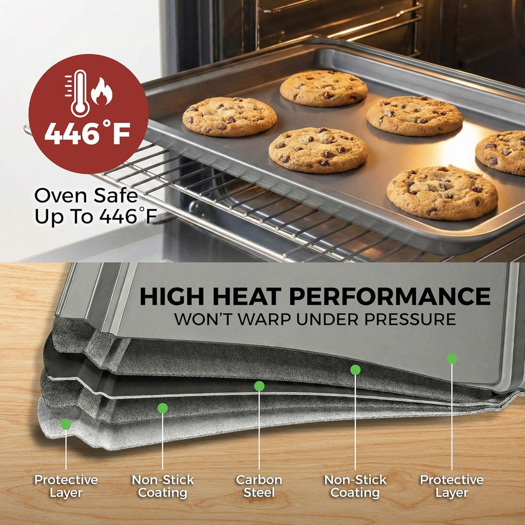 PERLLI Non-Stick Baking Pan Set - 3-Piece Carbon Steel with Even Heat Distribution, Oven Safe to 446°F | Gray