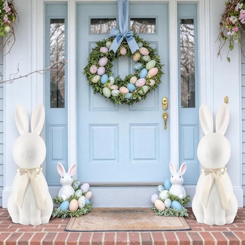 Lineshading White Easter Bunny Decorations - 25" Flocked Standing Large Bunny Figurine for Porch & Lawn Decor