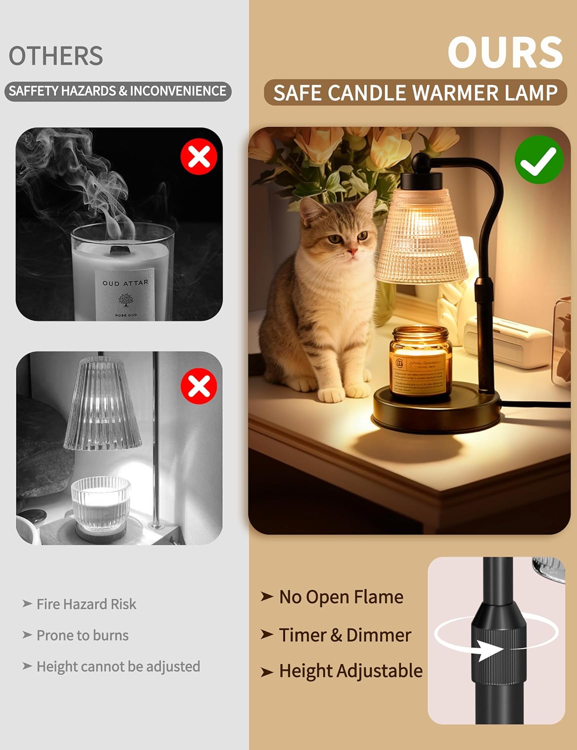 Skiennix Candle Warmer Lamp - Adjustable Height & Dimmable with Timer | Flameless Wax Melter for Home Décor, Black-Clear