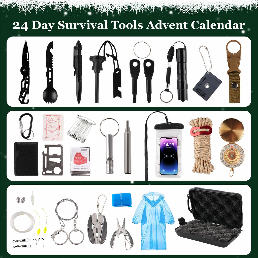 Survival Kit Advent Calendar 2025 for Men, 24 Day Christmas Countdown Surprise Gift with Outdoor Survival Tools for Teen Boys Men Outdoor Enthusiasts Hiking, Camping, Hunting, Fishing