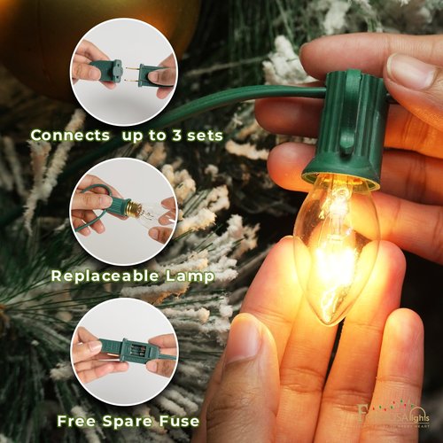 Formosa Lights C7 26ft Indoor/Outdoor Clear Incandescent Christmas String Lights with 25 Bulbs and E12 Base | 120V, 5W