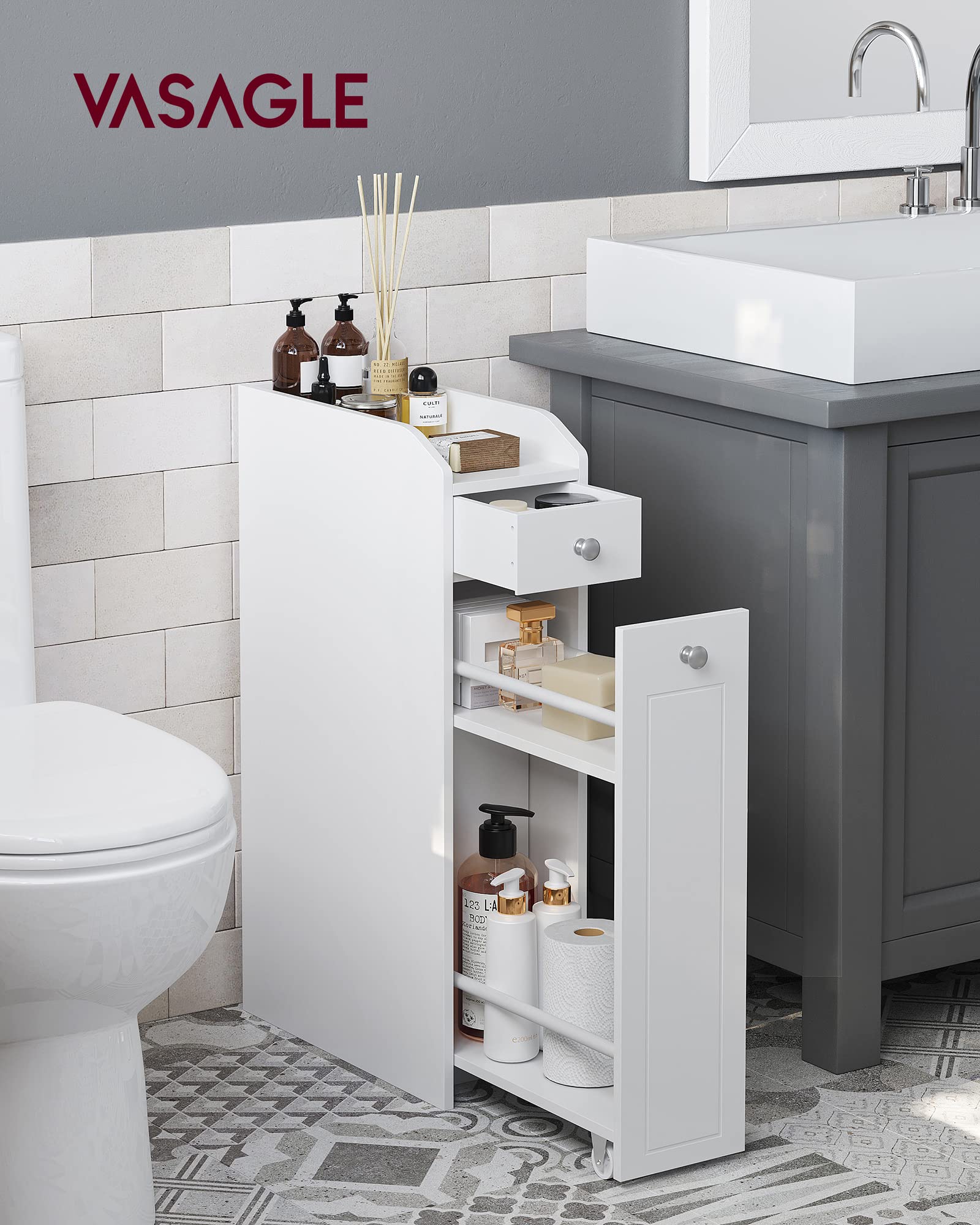 VASAGLE Slim Storage Cabinet, Narrow Storage Organizer with Slide Out Drawers, Freestanding Toilet Paper Holder, Small Space Skinny Cabinet for Bathroom Kitchen Corner, Cloud White UBBC847P31