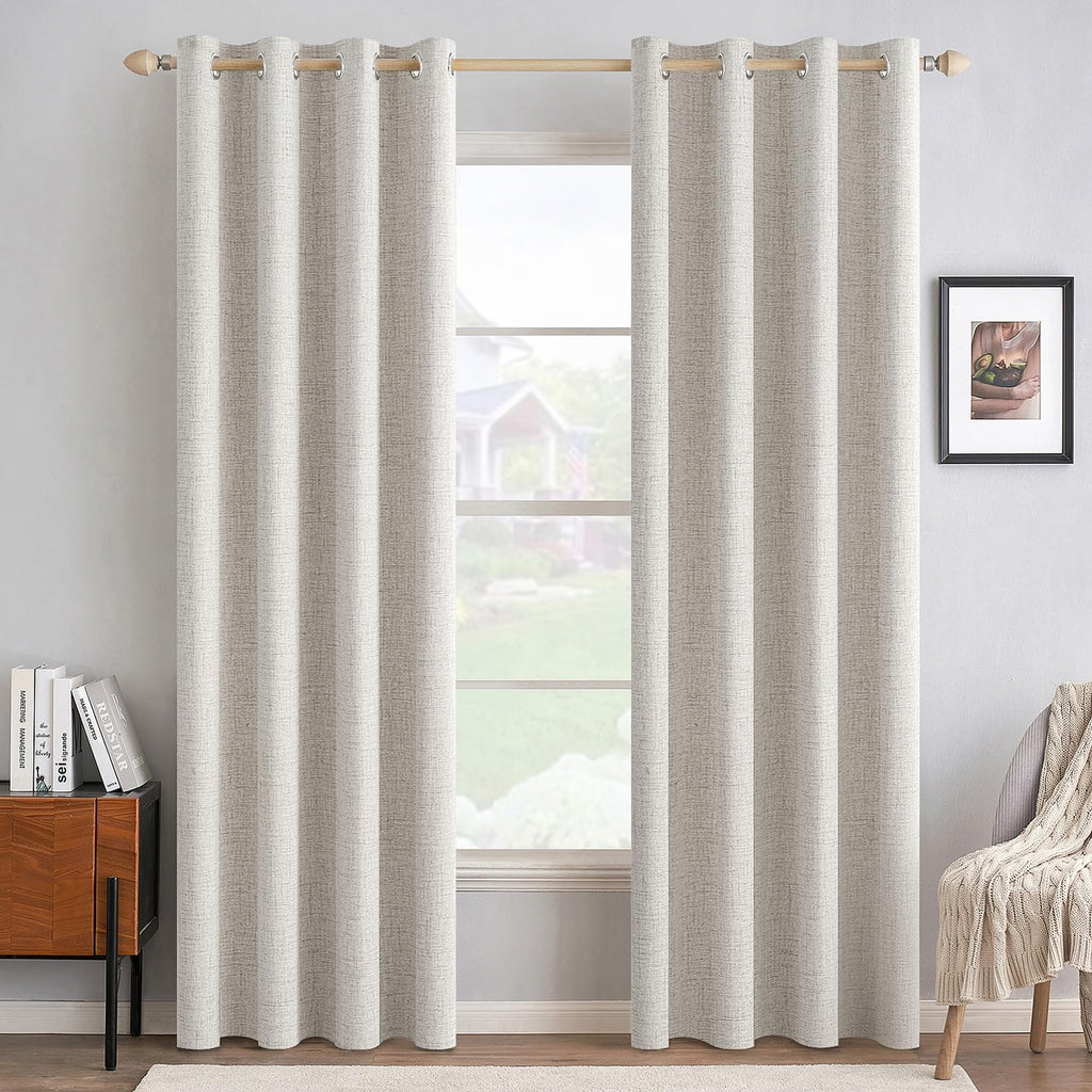 MIULEE 100% Blackout Linen Textured Curtains - Thermal Insulated Cream White Drapes | 52 x 108 Inch (2 Panels)