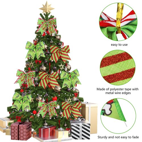 12Pcs Christmas Ornaments Bows Christmas Tree Decorations Red Green 6" Large Wreaths Bows for Gifts Wrapping Holiday Party Xmas Decor