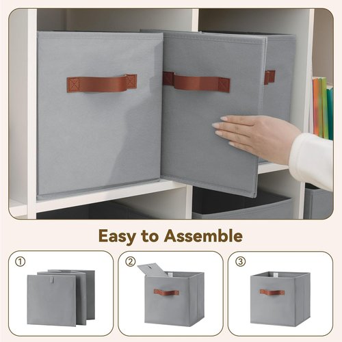 Granny Says 11-Inch Cube Storage Bins - 6 Pack Foldable Fabric Organizers with PU Handle | Grey