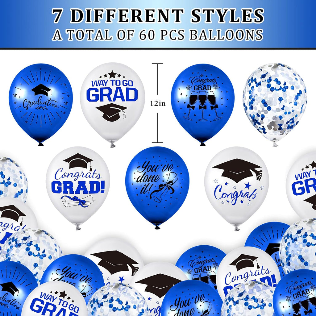 Whaline Graduation Party Balloon Set - 60 Pcs with Blue & White Confetti | 7 Designs & 2 Rolls of Ribbon