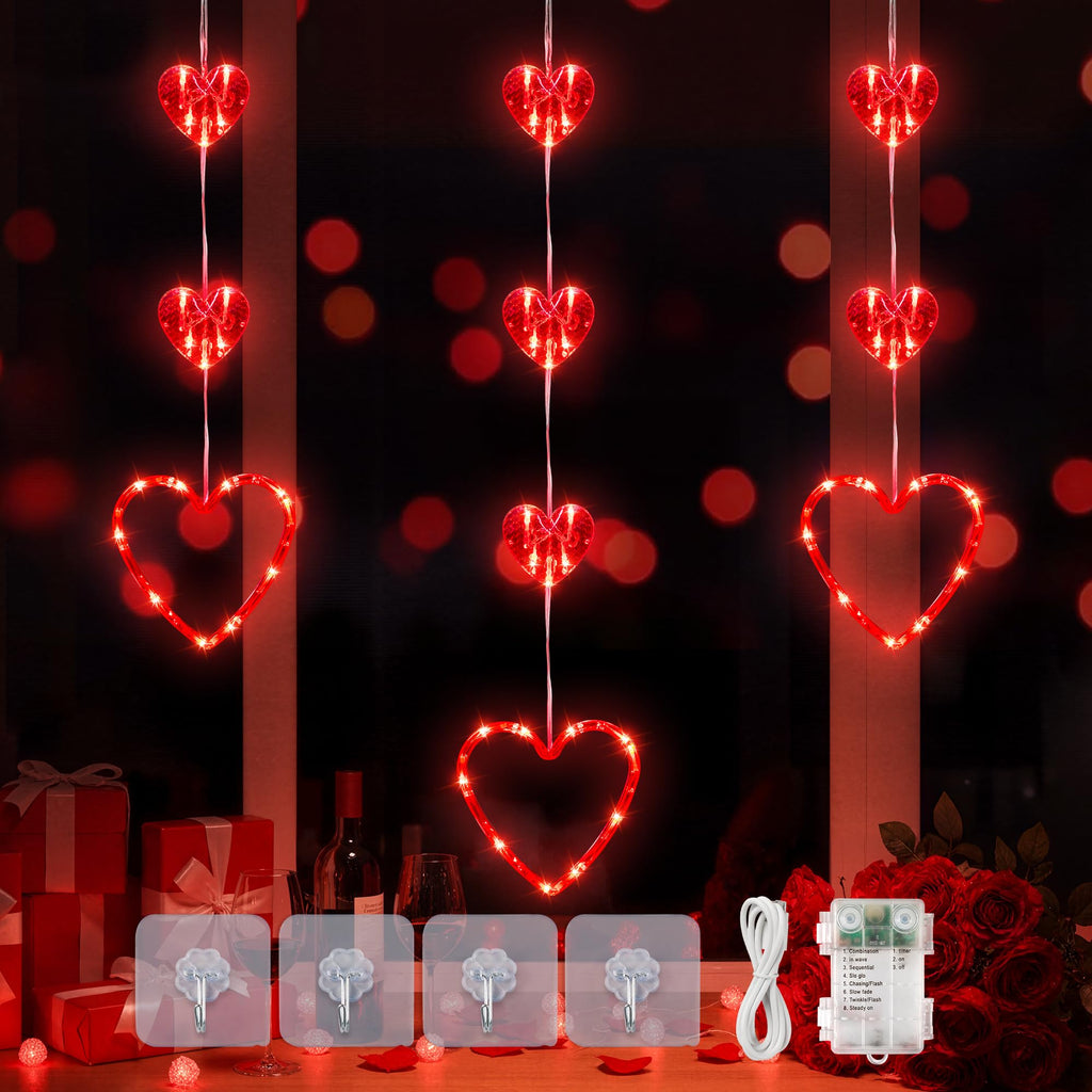 MYGOTO Valentines Day Window Lights, 65 LED 10 Red Heart Lights USB/Battery Operated, Timer Memory with 8 Modes Hanging Valentines Decorations Light for Valentine's Day Anniversary Wedding Decor