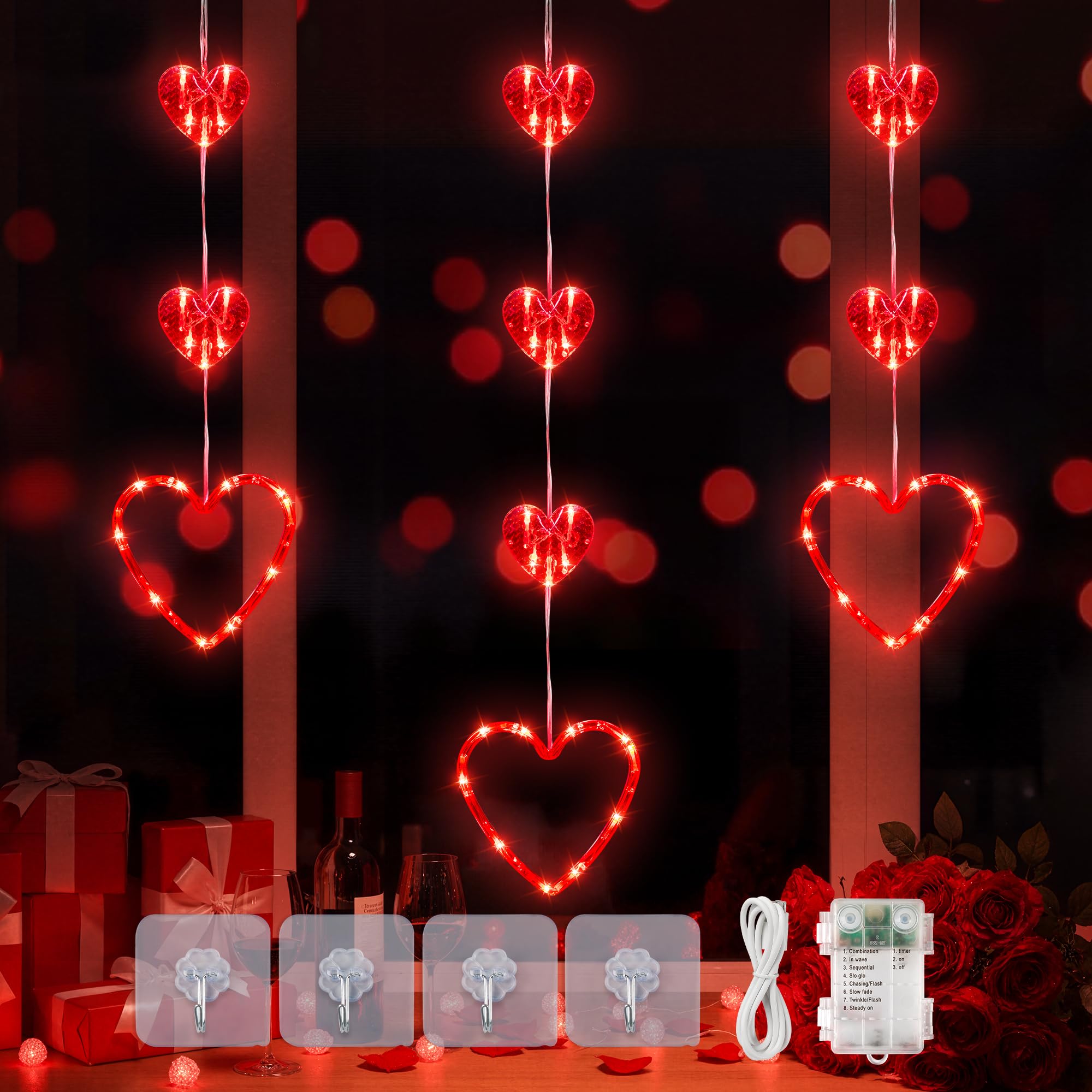 MYGOTO Valentines Day Window Lights, 65 LED 10 Red Heart Lights USB/Battery Operated, Timer Memory with 8 Modes Hanging Valentines Decorations Light for Valentine's Day Anniversary Wedding Decor