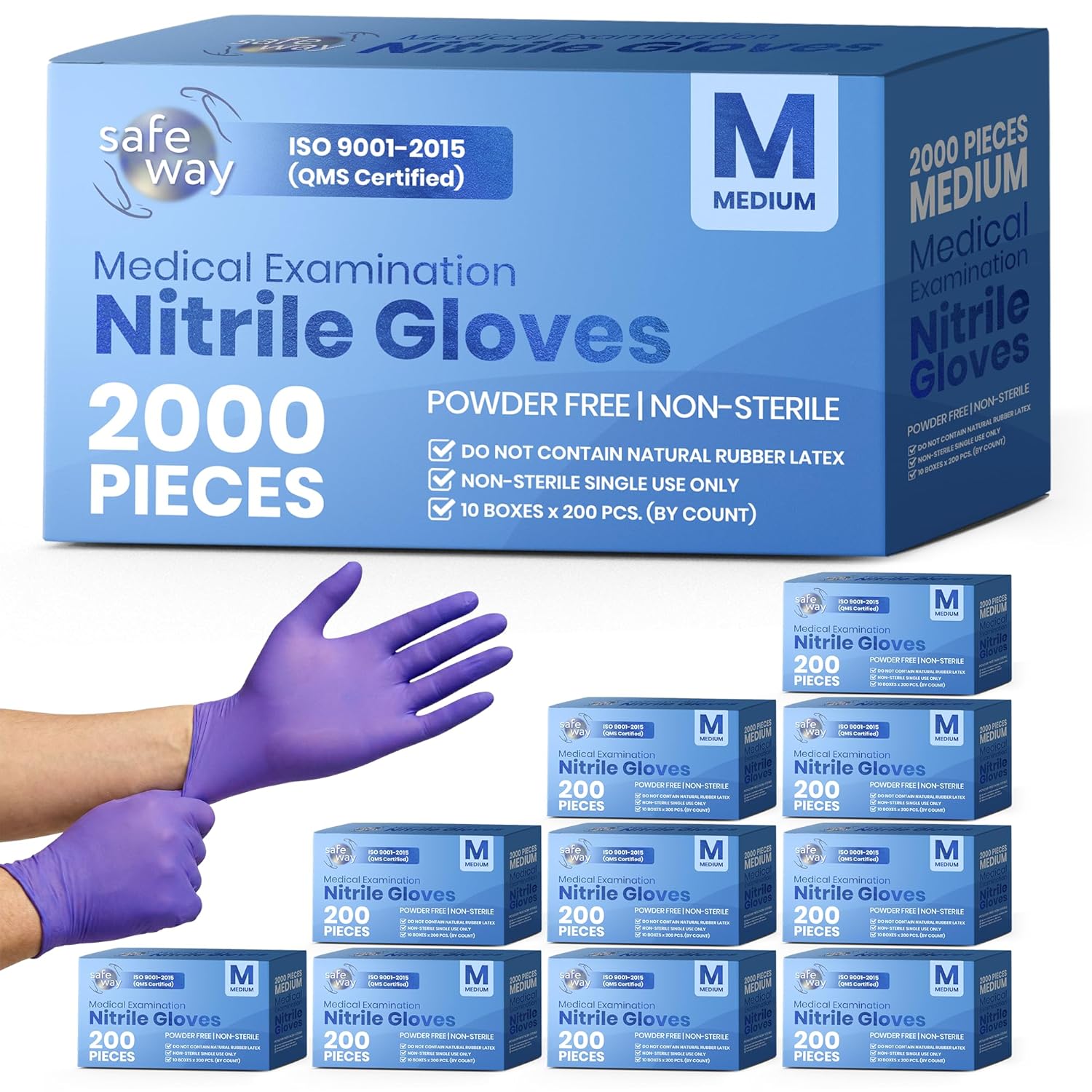 SAFEWAY USA Nitrile Disposable Gloves - 2000 Pcs, Medium, Powder-Free & Non-Latex for Medical, Lab, and Kitchen Use