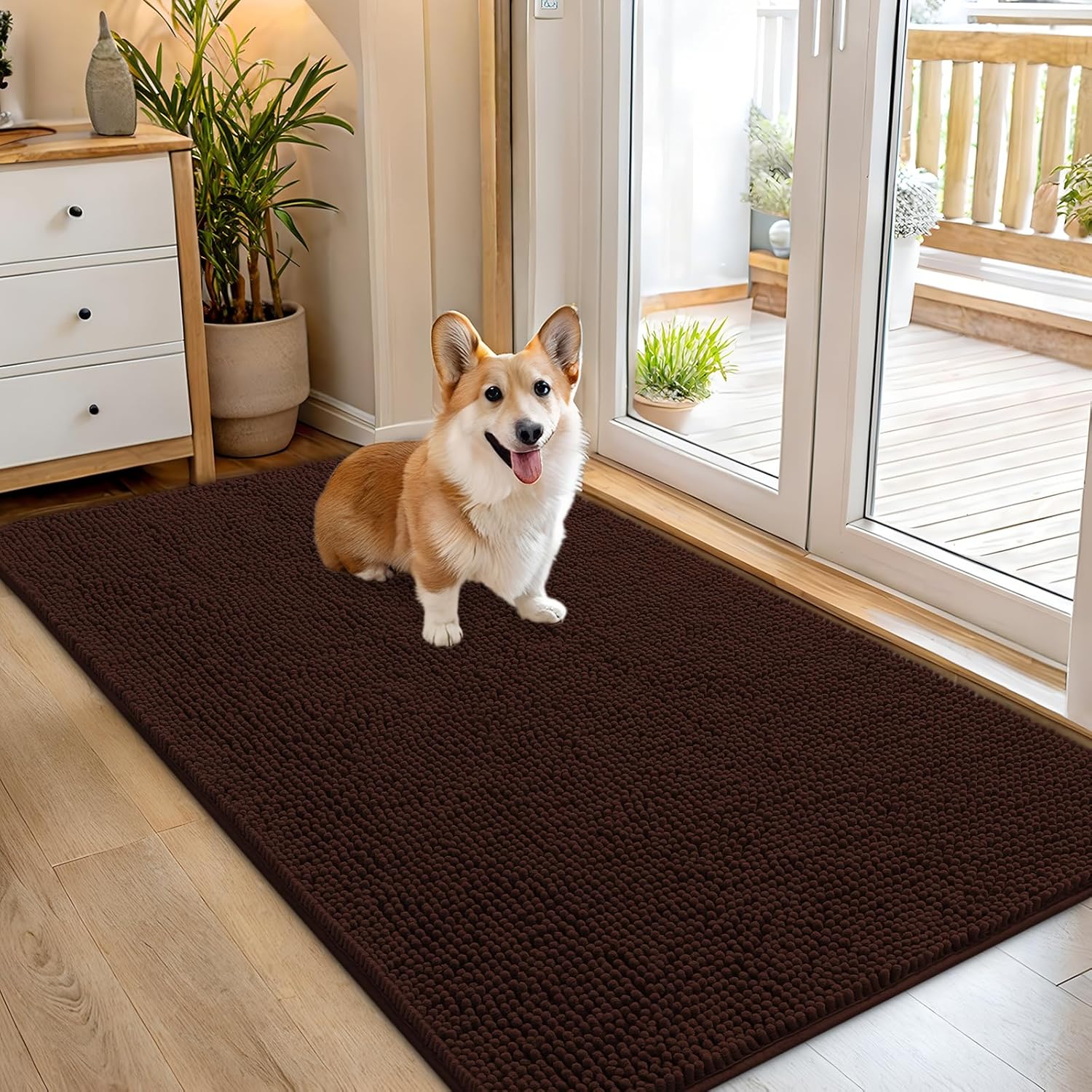 OLANLY Dog Door Mat - Absorbent Non-Slip Mud Mat for Indoor Use | 54x32 Inches, Quick Dry Chenille, Brown