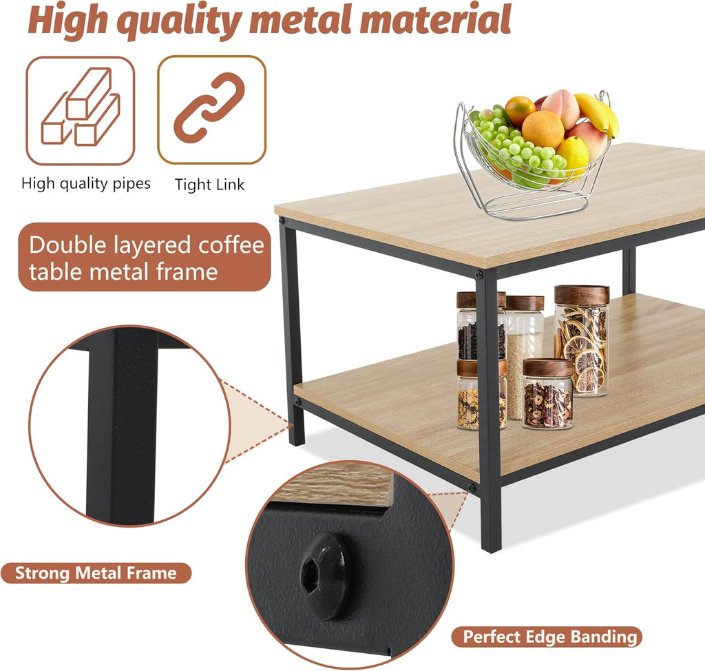 Skiennix 2-Tier Coffee Table - Metal Frame with Wood Finish & Open Storage Shelf | Easy Assembly