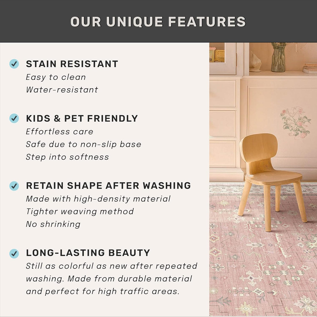 Skiennix Blush Pink Girls Rug - Floral Nursery Area Rug 5x7, Machine Washable Non-Slip Play Mat