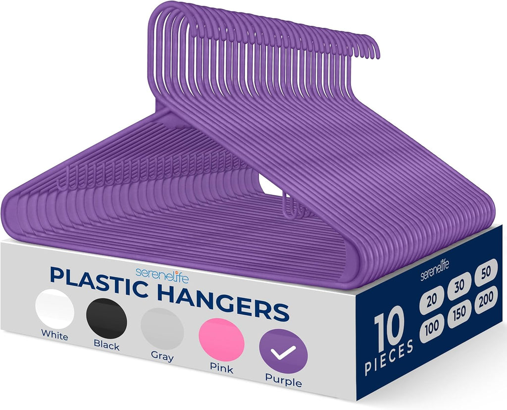 SereneLife Premium Plastic Hangers - Lightweight & Durable Space-Saving Clothes Organizers | 10 Pack (Purple)