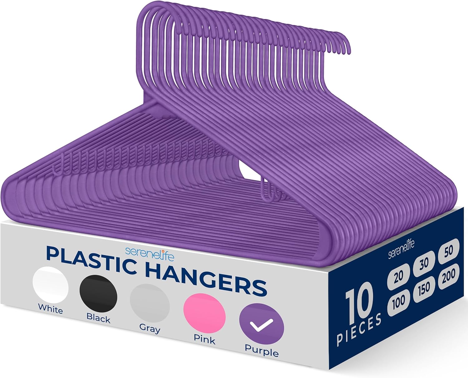 SereneLife Premium Plastic Hangers - Lightweight & Durable Space-Saving Clothes Organizers | 10 Pack (Purple)