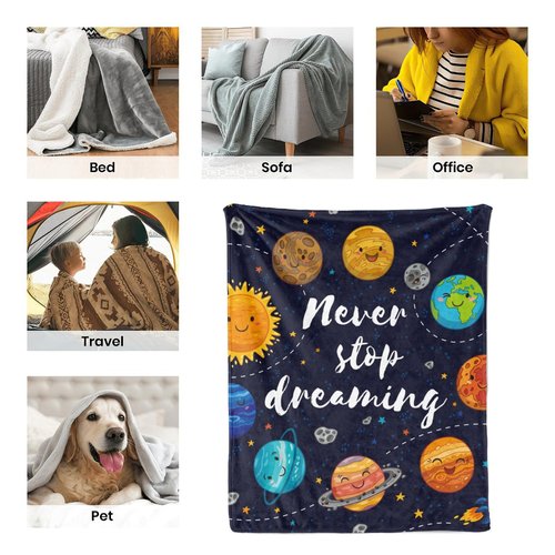 Space Blanket for Kids, Cute Outer Space Never Stop Dreaming Solar System Fuzzy Flannel Exploring Throw Blanket for Boys Girls Soft Cozy Plush Imagination Blanket for Couch Home Bedroom 50x40 inches