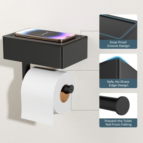 FORIOUS Toilet Paper Holder - Wall-Mounted Storage with Shelf & Tampon Receptacle - Matte Black