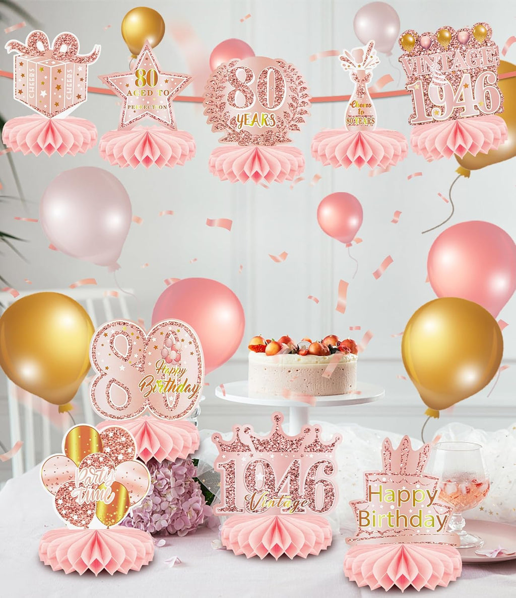 Skiennix 80th Birthday Decorations - Elegant Rose Gold Honeycomb Centerpieces | 9 Pcs Table Toppers for Women