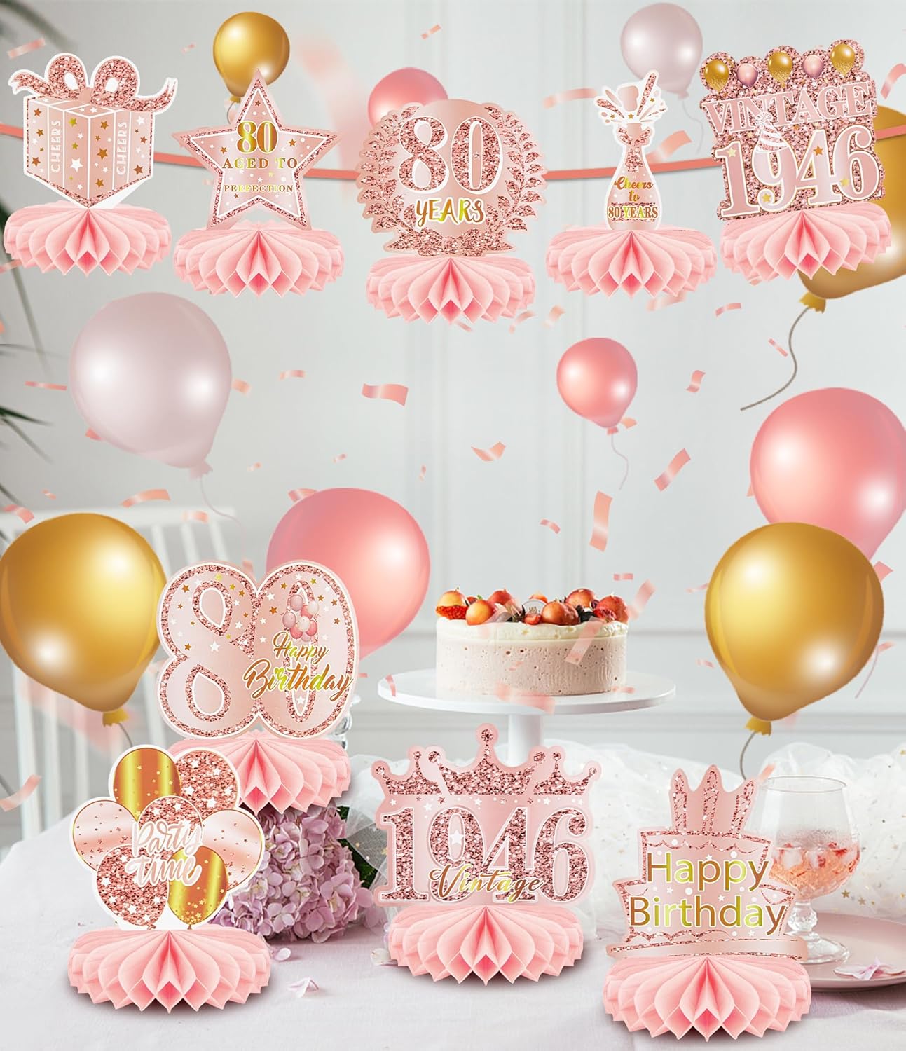 Skiennix 80th Birthday Decorations - Elegant Rose Gold Honeycomb Centerpieces | 9 Pcs Table Toppers for Women