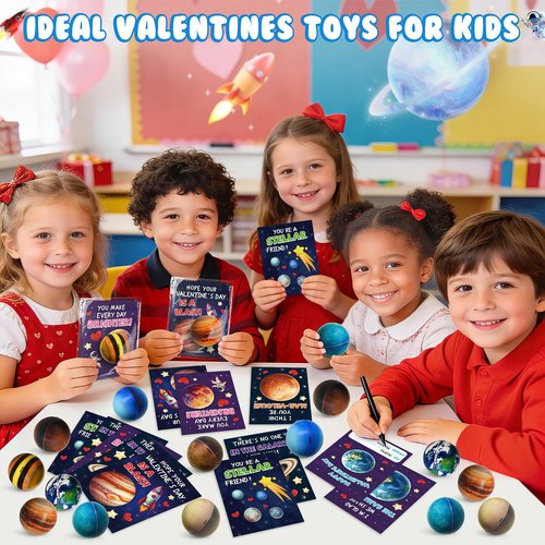 Valentines Day Gifts for Kids, 27 Pack Valentines Day Cards for Kids School with 9 Salor System Planets Balls, Bouncy Space Balls for Classroom Prize Exchange, Party Favors, Goodie Bag Stuffers