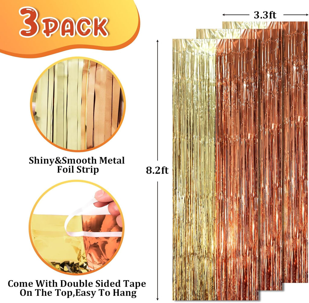 Voircoloria Foil Fringe Backdrop Curtains - 3 Pack of 3.3 x 8.2 ft Rose & Champion Tinsel Streamers for Parties