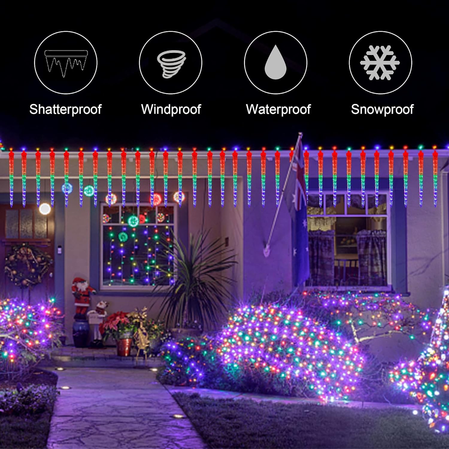 WATERGLIDE Meteor Shower Lights - 12" Outdoor Icicle Christmas Lights | 192 SMD LED Raindrop Decor