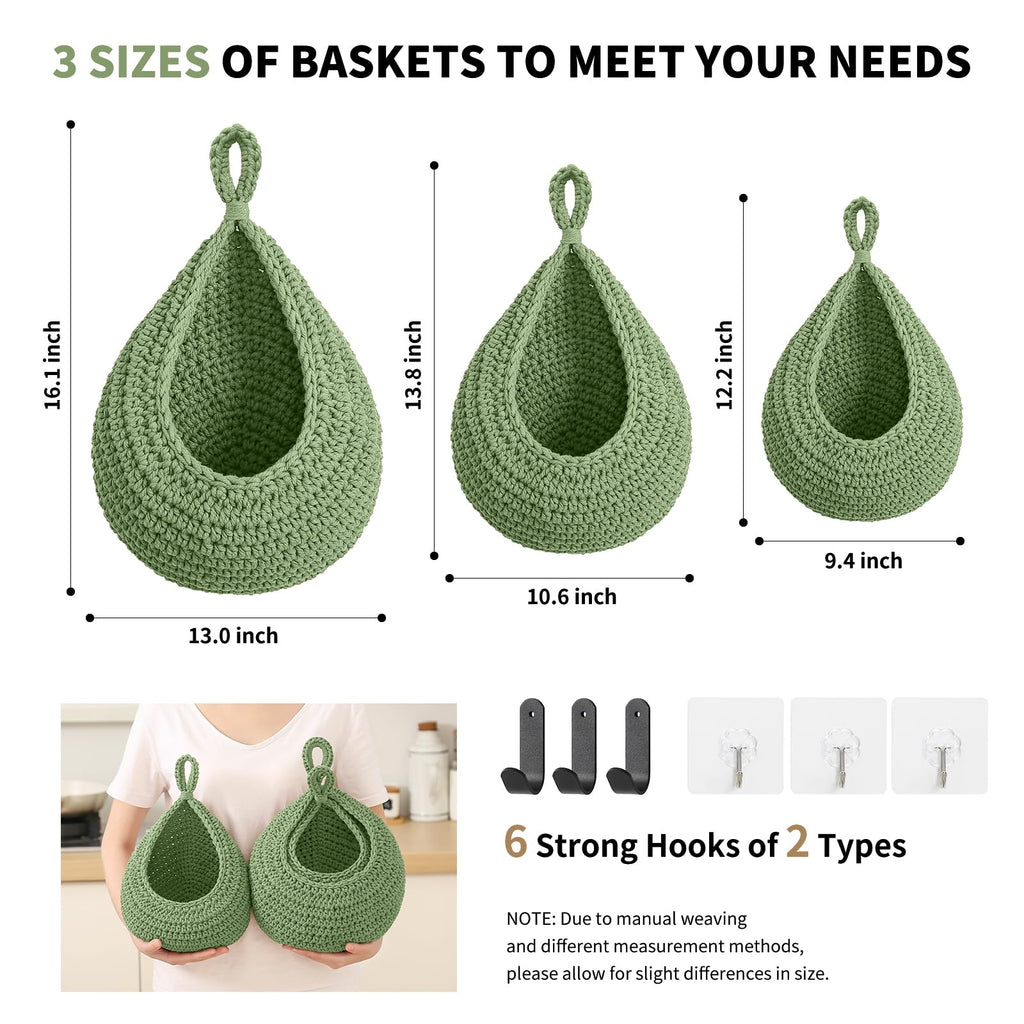 Boho Wall Hanging Fruit Baskets for Kitchen 3 Pack Woven Produce Holder with 6 Pcs Strong Hooks Vegetable Hanging Basket for Organizing Teardrop Home Wall Potato Onion Storage, Green