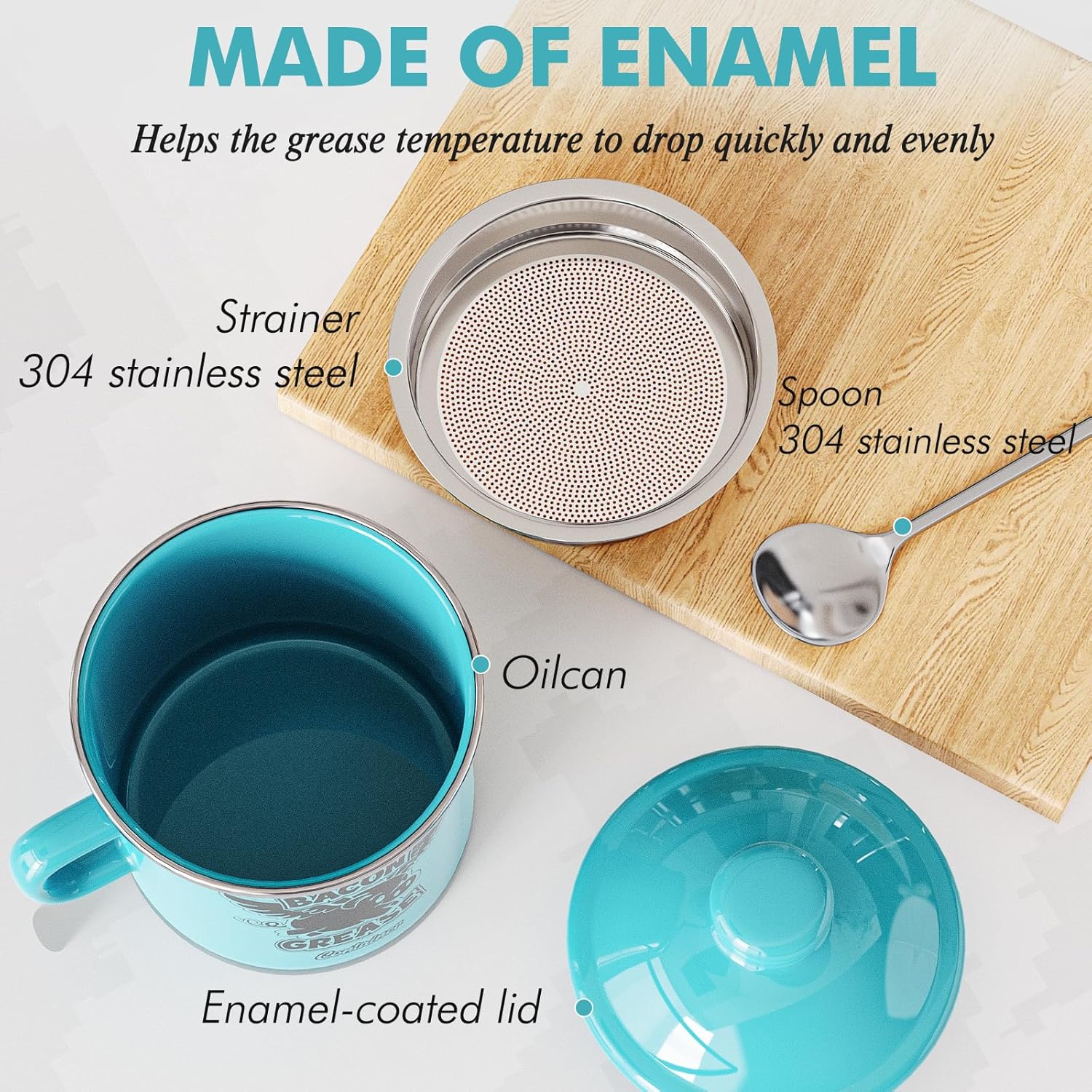 PGYARD Mini Bacon Grease Container - 15oz Enamel Strainer for Farmhouse Kitchen (Light Blue)