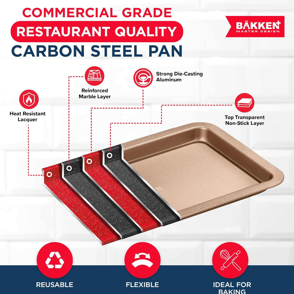BAKKEN 3-Piece Nonstick Baking Pan Set - Small, Medium & Large Oven Safe Trays, Space-Saving Design, Brown