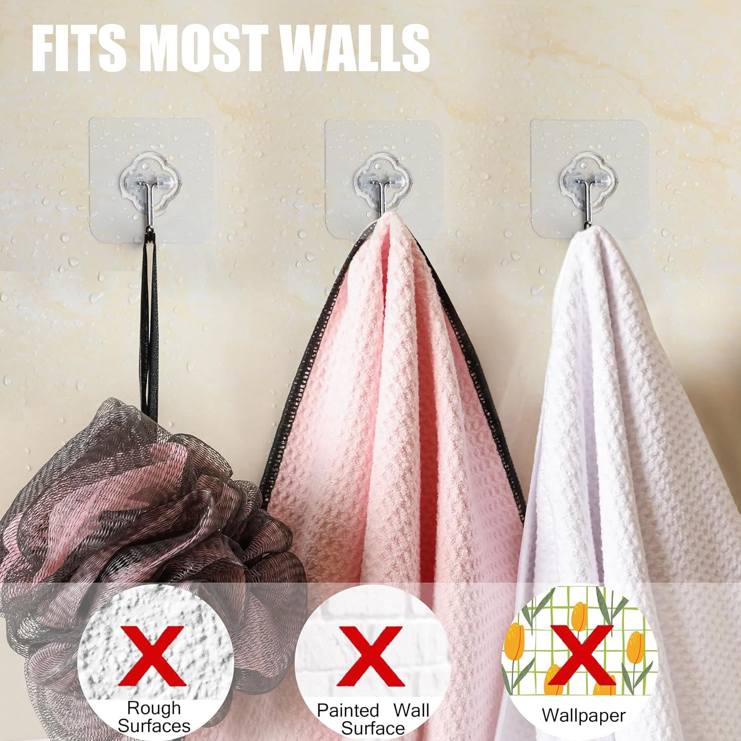 Skiennix Adhesive Hooks - 32 Pack, 33lb Max Capacity, Transparent & Reusable Wall Hooks for Home & Outdoor Use